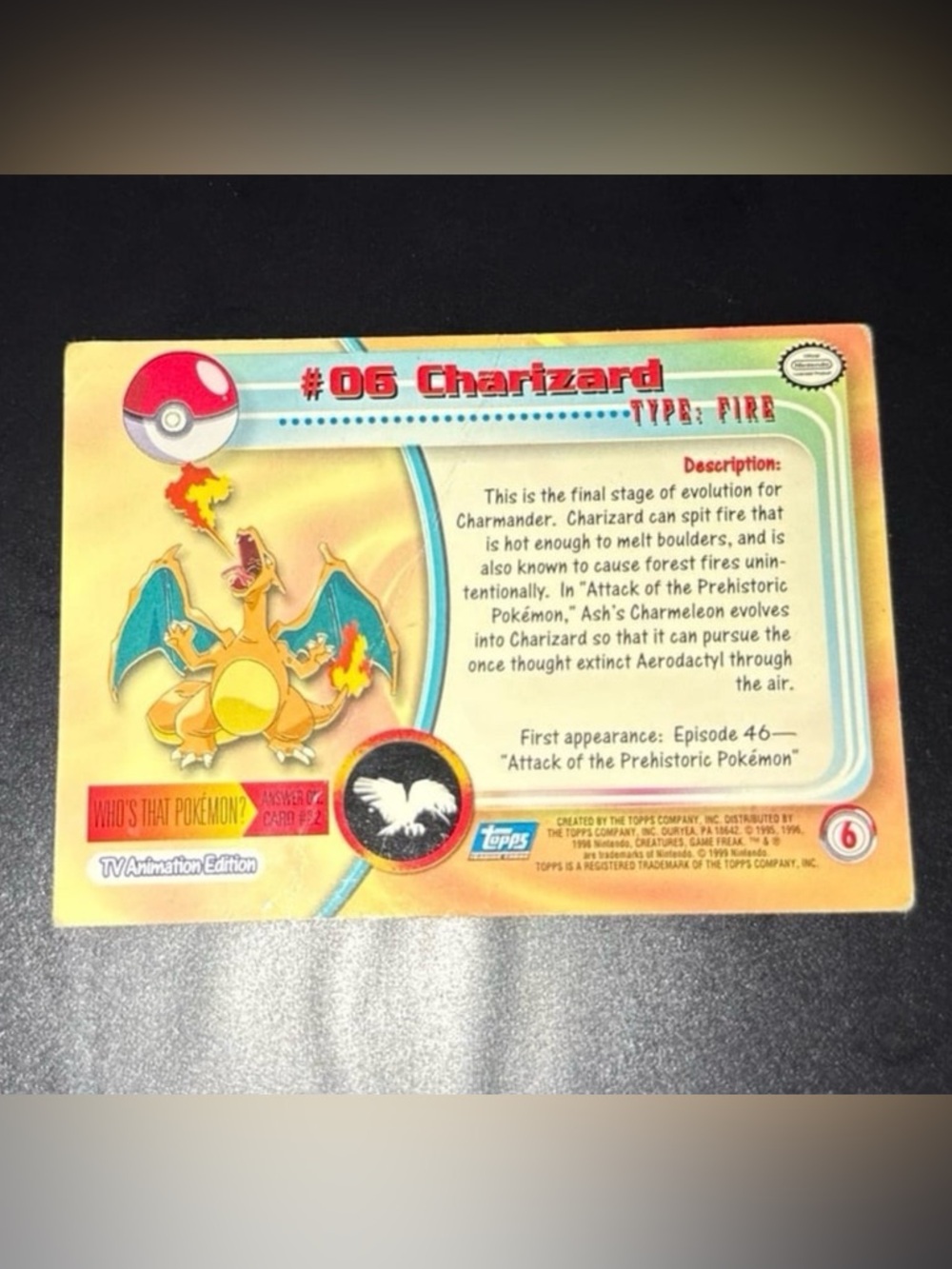 Topps Charizard #06 tv series 1 black label 2000 full Art Rare Rare Creased - Picture 5 of 6
